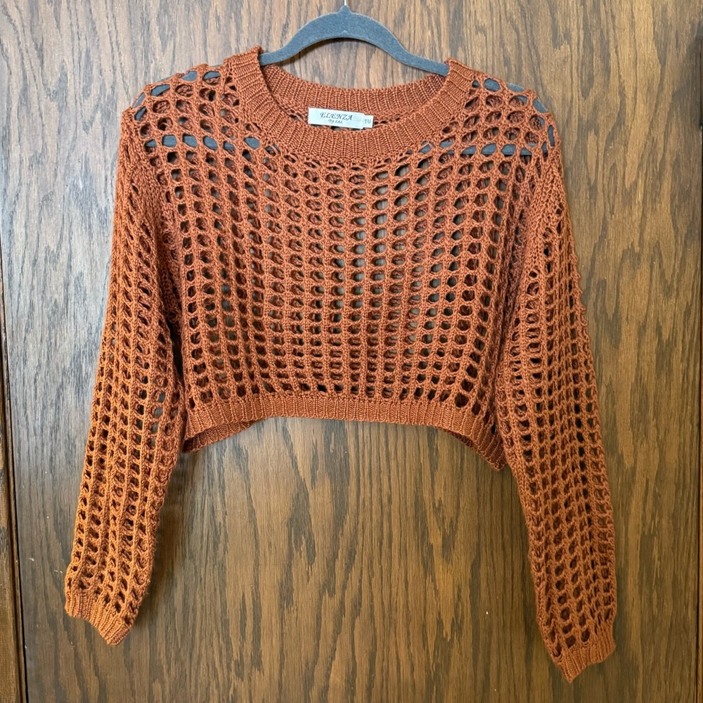 3 for $15 Rust Brown Cropped Crochet Sweater Open Stitch Bohemian Coverup